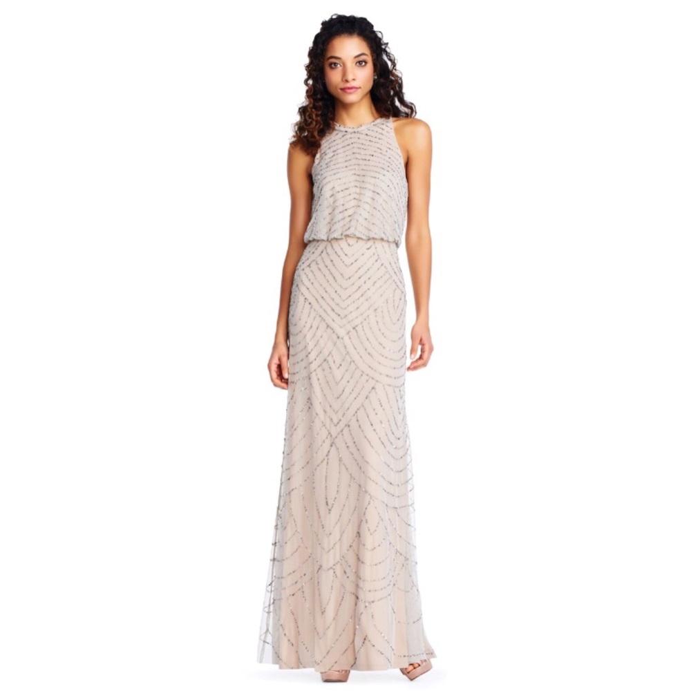 ADRIANNA PAPELL size 0 Beaded Dress Taupe/Pink